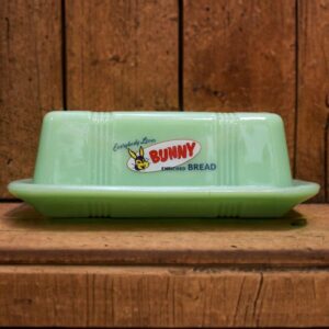 Jadite butterdish, stick, with licensed Bunny Bread logo